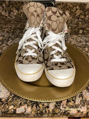 Coach High-Top Monogram Sneakers in Brown and White